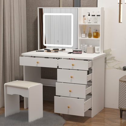 Ensemble de coiffeuse Kerrogee avec miroir éclairé réglable et tabouret - 99,9L x 49,9l x 136,1H (cm)