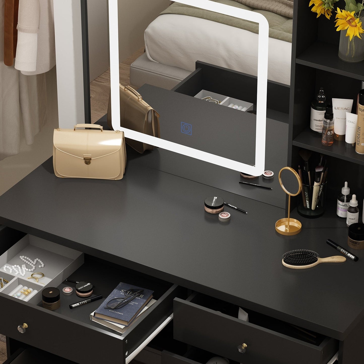 Ensemble de coiffeuse Kerrogee avec miroir éclairé réglable et tabouret - 99,9L x 49,9l x 136,1H (cm)