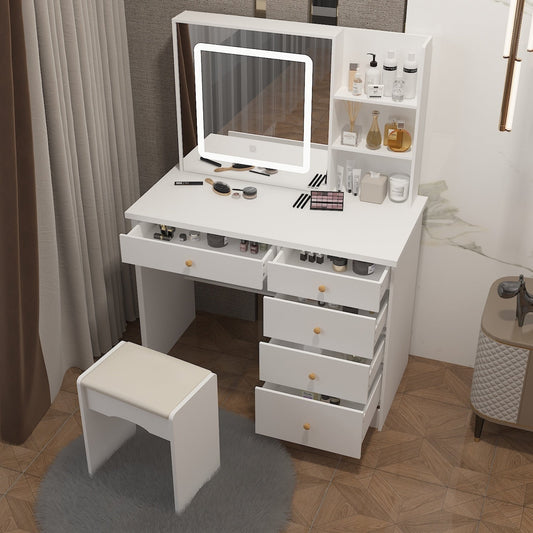 Ensemble de coiffeuse Kerrogee avec miroir éclairé réglable et tabouret - 99,9L x 49,9l x 136,1H (cm)