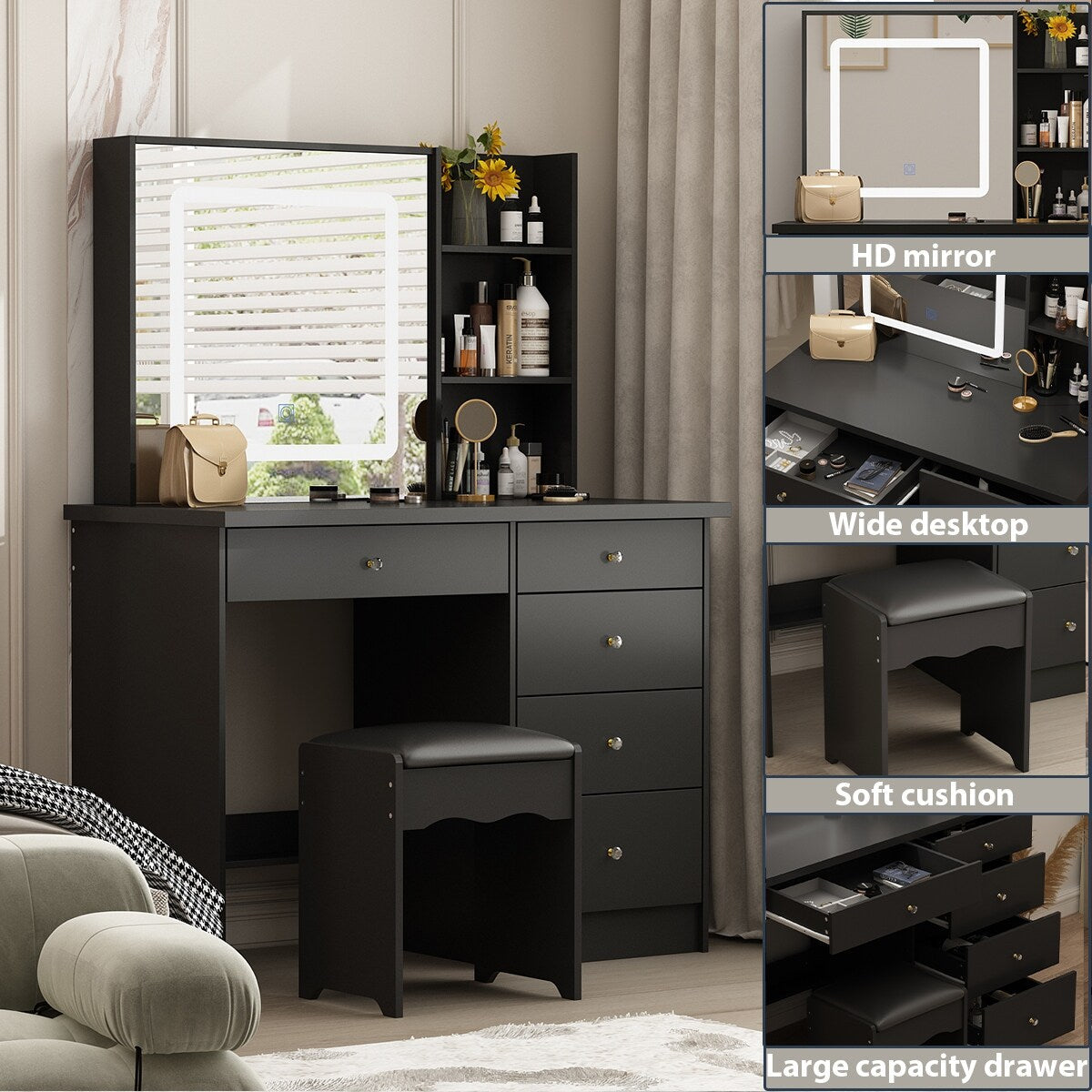 Ensemble de coiffeuse Kerrogee avec miroir éclairé réglable et tabouret - 99,9L x 49,9l x 136,1H (cm)