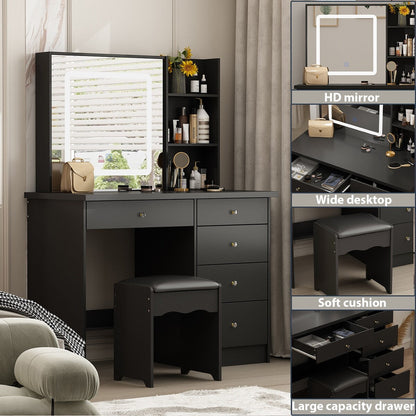 Ensemble de coiffeuse Kerrogee avec miroir éclairé réglable et tabouret - 99,9L x 49,9l x 136,1H (cm)