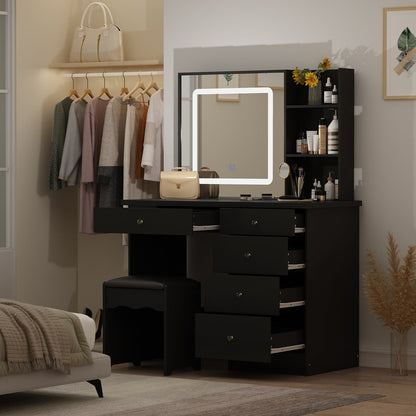 Ensemble de coiffeuse Kerrogee avec miroir éclairé réglable et tabouret - 99,9L x 49,9l x 136,1H (cm)