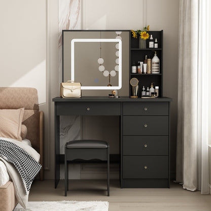 Ensemble de coiffeuse Kerrogee avec miroir éclairé réglable et tabouret - 99,9L x 49,9l x 136,1H (cm)