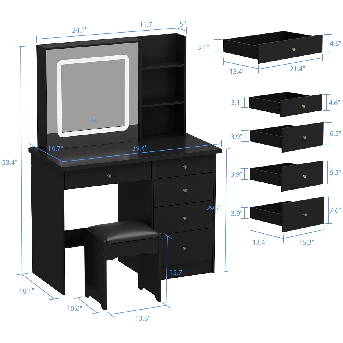 Ensemble de coiffeuse Kerrogee avec miroir éclairé réglable et tabouret - 99,9L x 49,9l x 136,1H (cm)