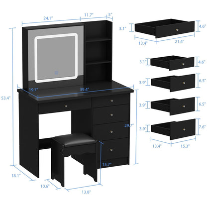 Ensemble de coiffeuse Kerrogee avec miroir éclairé réglable et tabouret - 99,9L x 49,9l x 136,1H (cm)