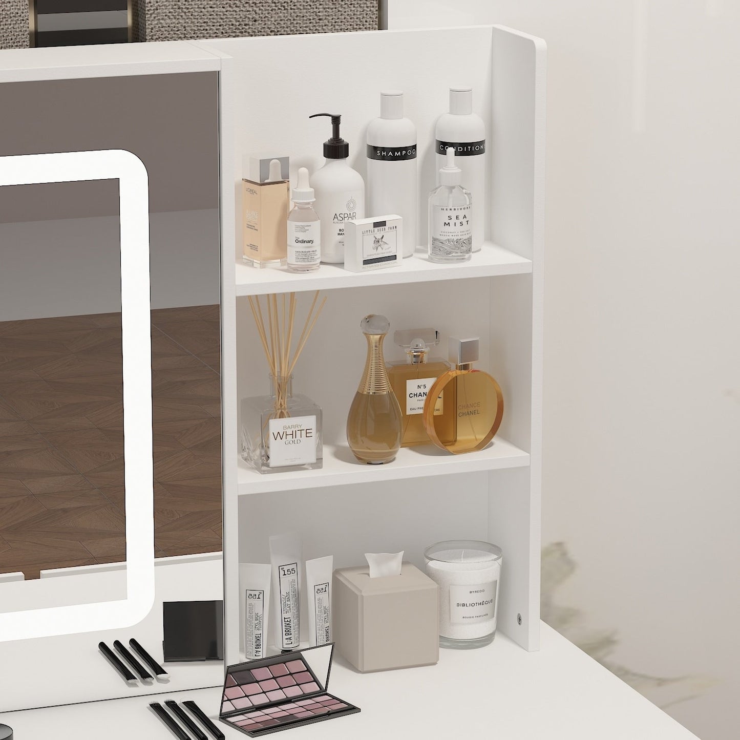 Ensemble de coiffeuse Kerrogee avec miroir éclairé réglable et tabouret - 99,9L x 49,9l x 136,1H (cm)