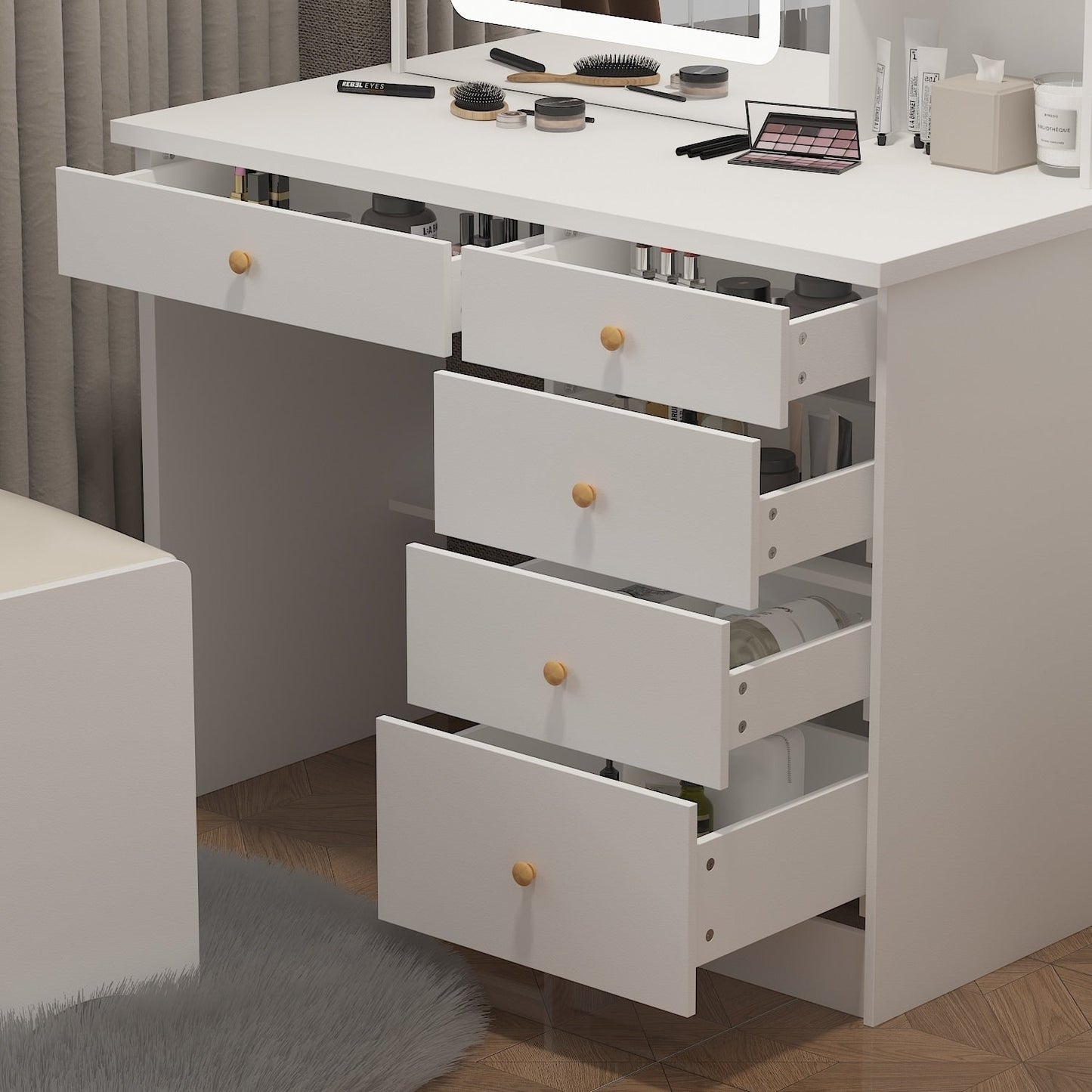 Ensemble de coiffeuse Kerrogee avec miroir éclairé réglable et tabouret - 99,9L x 49,9l x 136,1H (cm)
