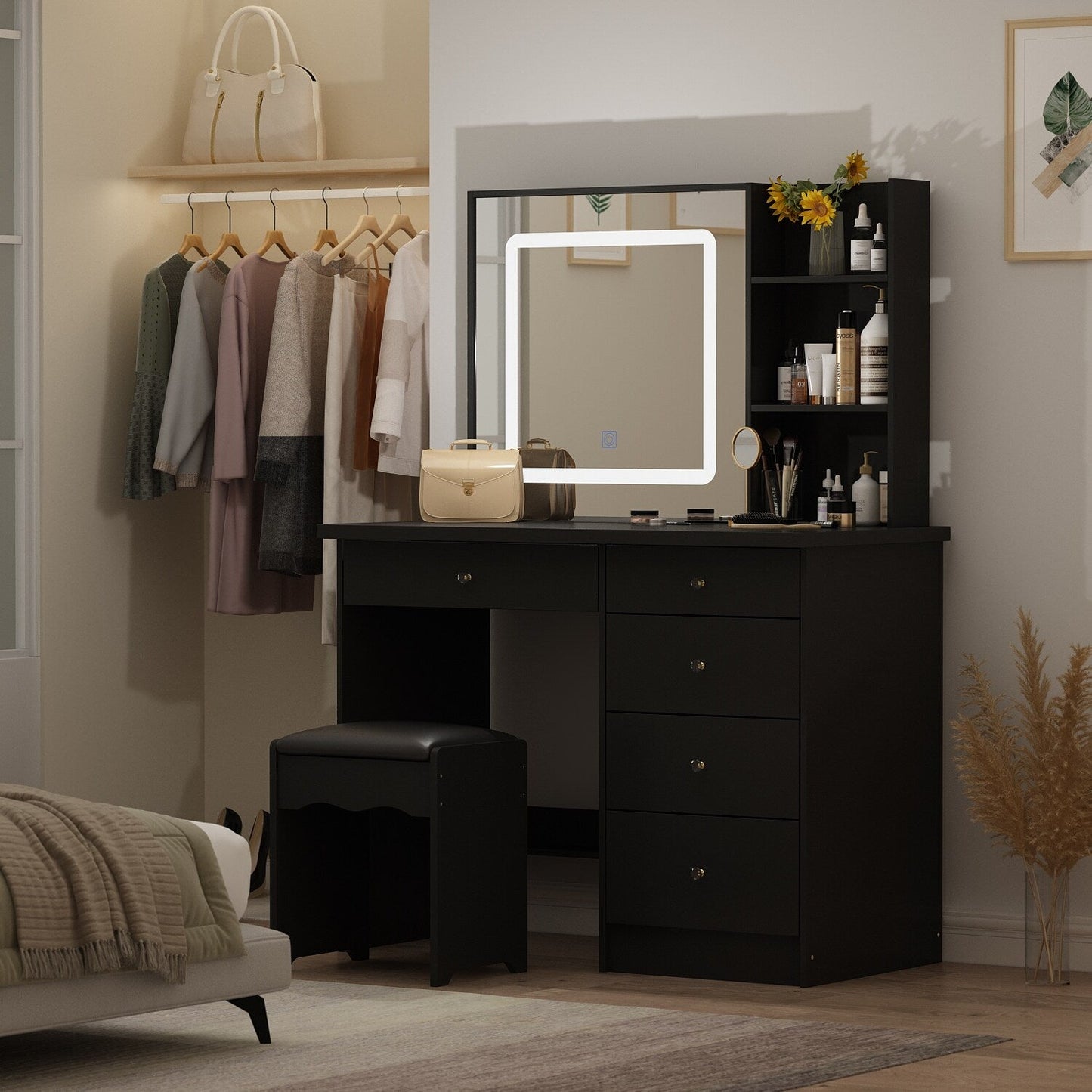 Ensemble de coiffeuse Kerrogee avec miroir éclairé réglable et tabouret - 99,9L x 49,9l x 136,1H (cm)