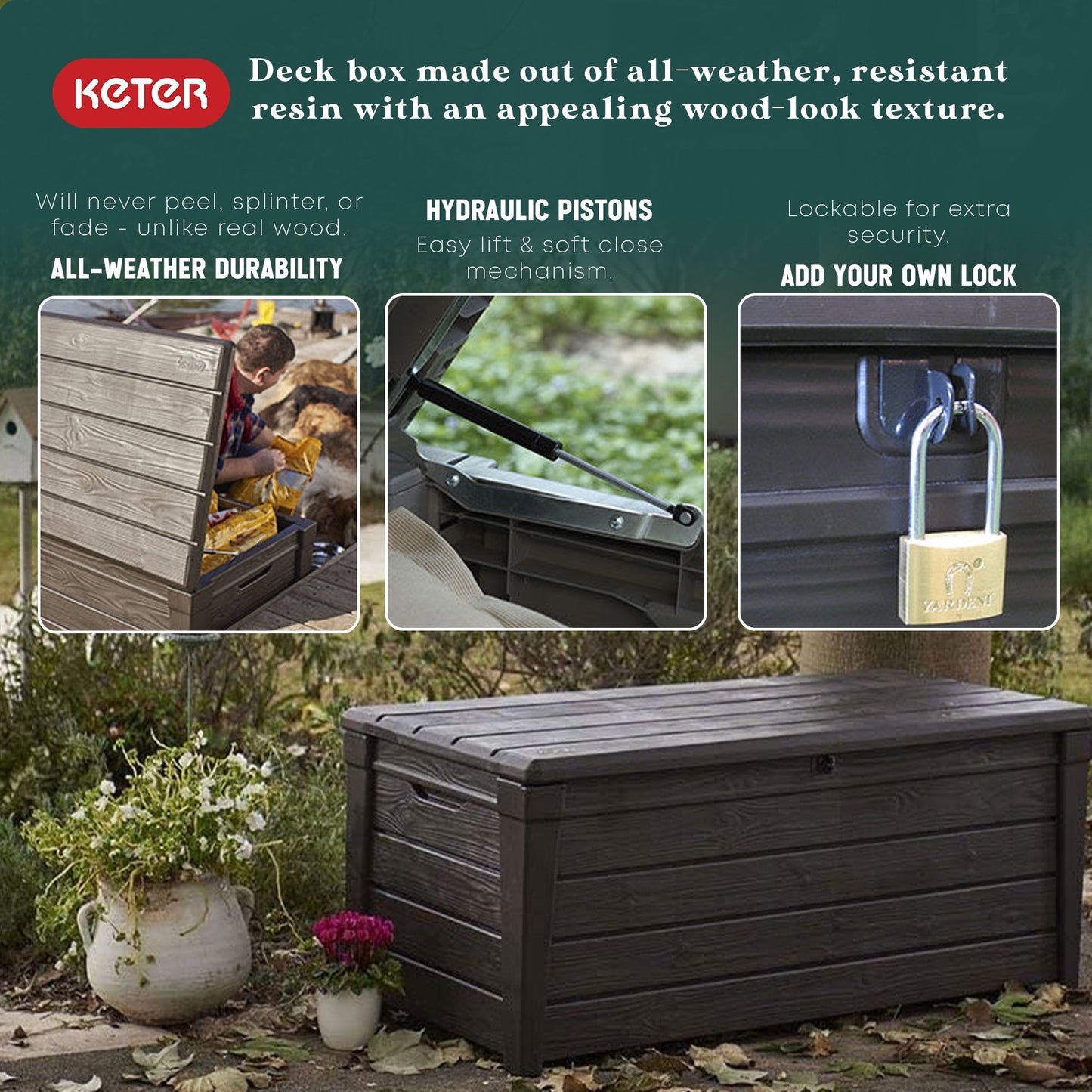 Keter Brightwood 120 gal, banc de rangement pour terrasse en résine résistant aux intempéries, marron - 40