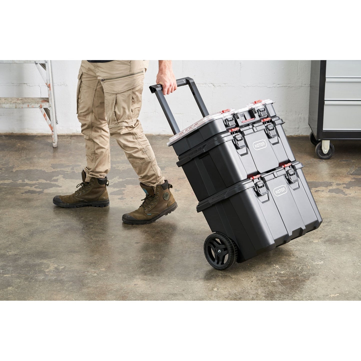 Keter Stack-n-Roll, système modulaire de rangement et d'organisation d'outils sur roulettes, 3 pièces, en résine durable.