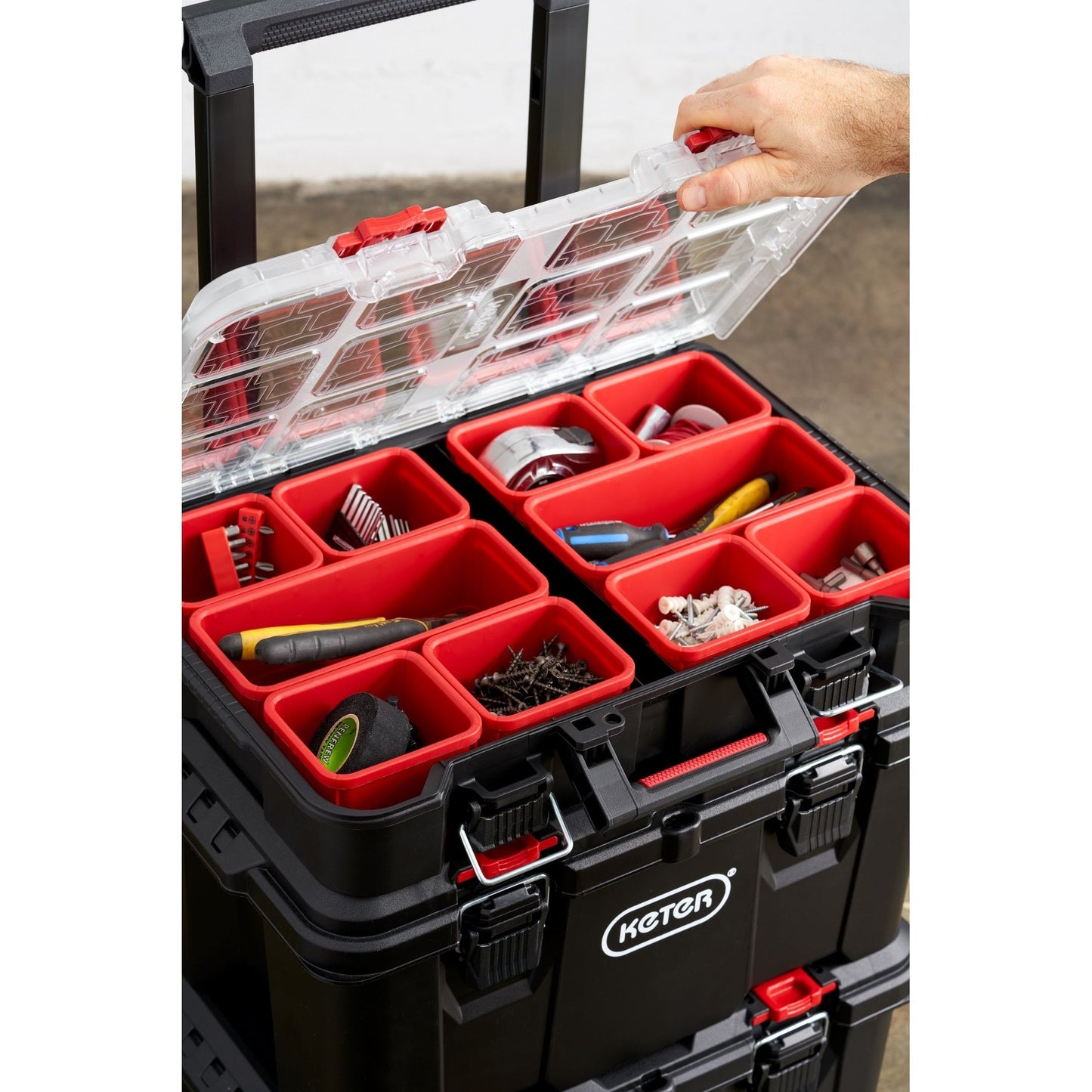 Keter Stack-n-Roll, système modulaire de rangement et d'organisation d'outils sur roulettes, 3 pièces, en résine durable.