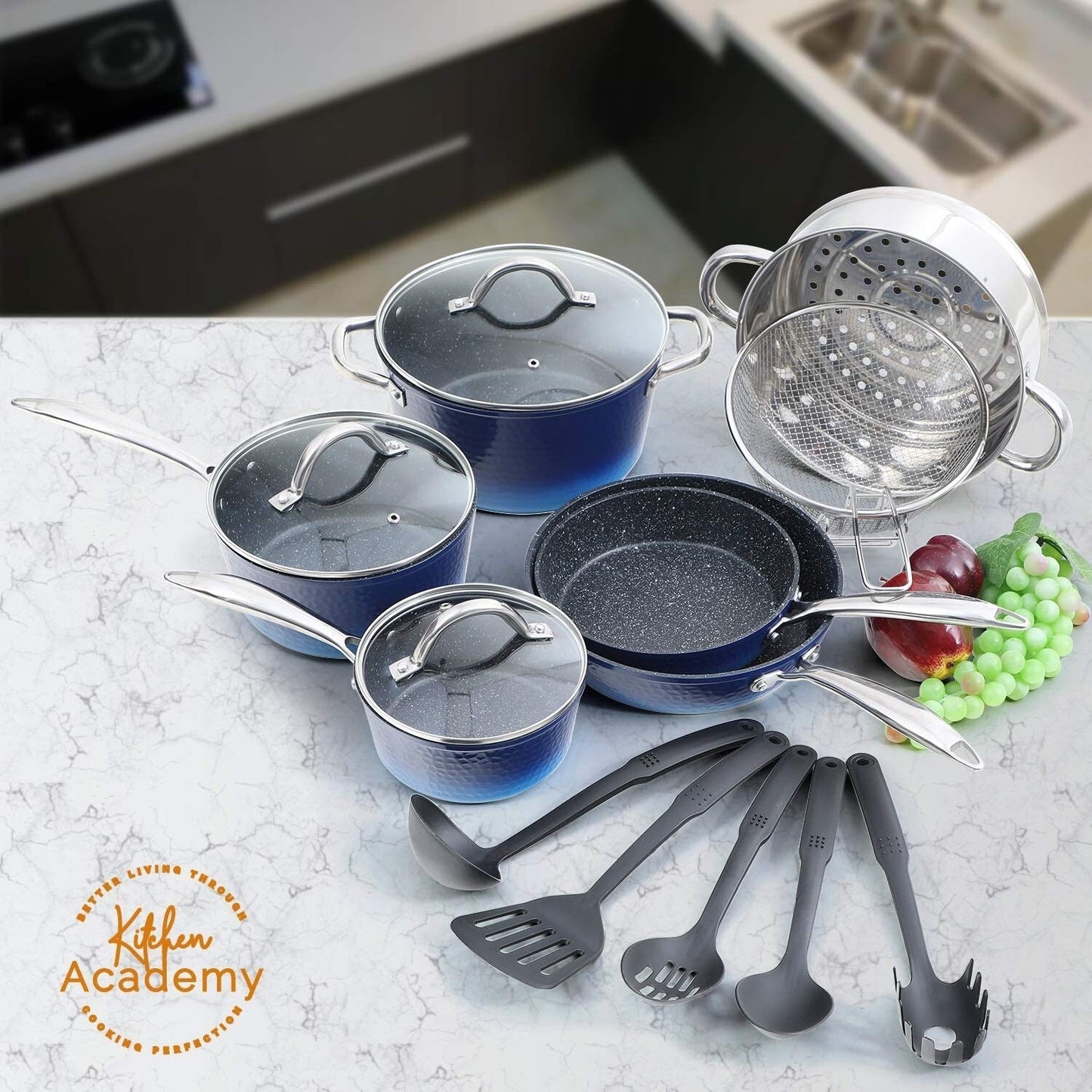 Ensemble de cuisine Kitchen Academy 15 pièces avec revêtement antiadhésif en granit