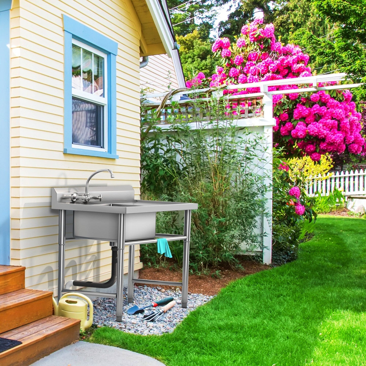 Évier de cuisine en acier inoxydable, cuve à compartiments, modèle commercial à poser.