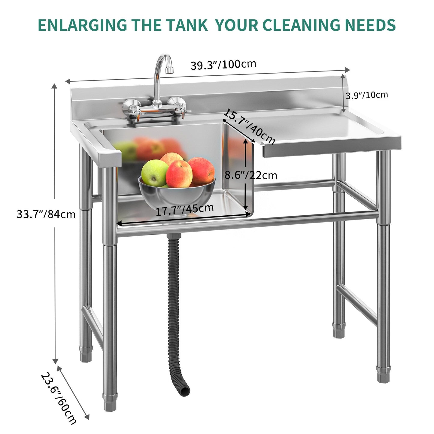 Évier de cuisine en acier inoxydable, cuve à compartiments, modèle commercial à poser.