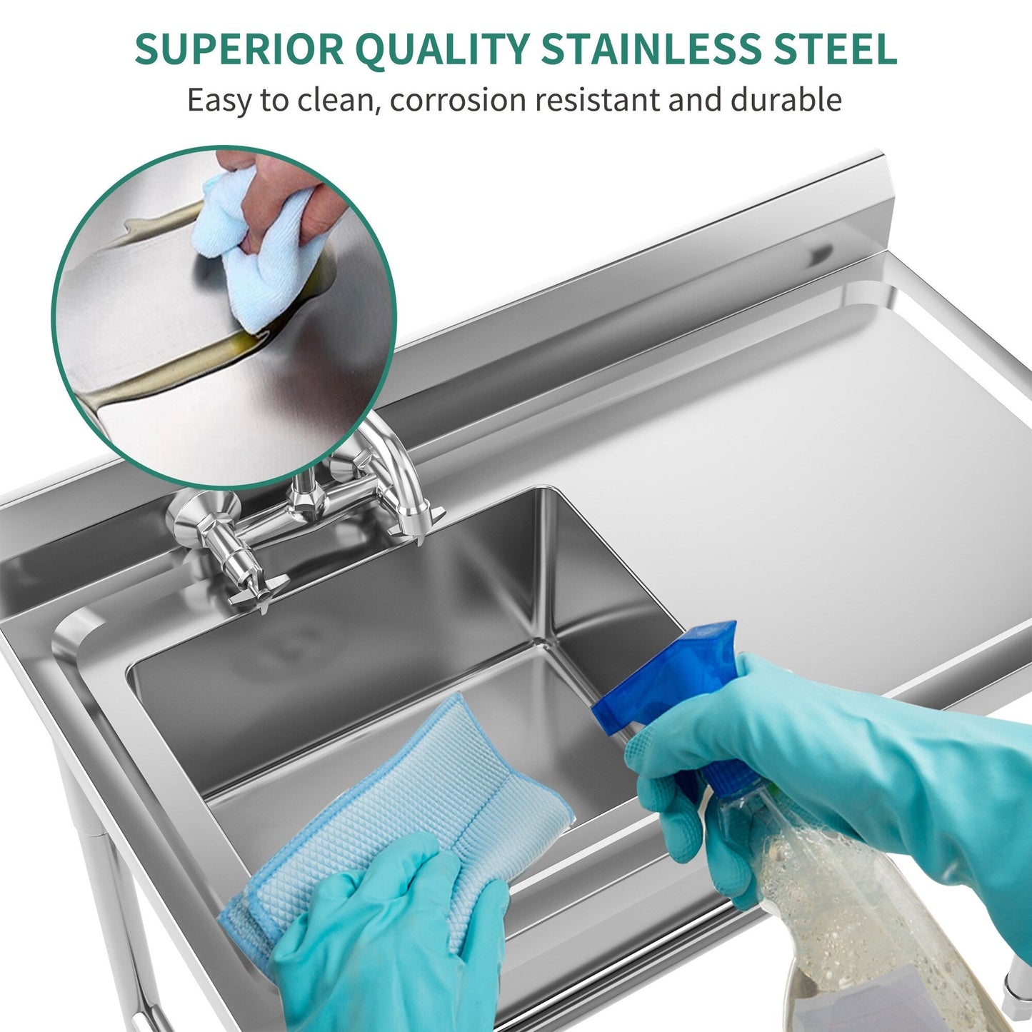 Évier de cuisine en acier inoxydable, cuve à compartiments, modèle commercial à poser.