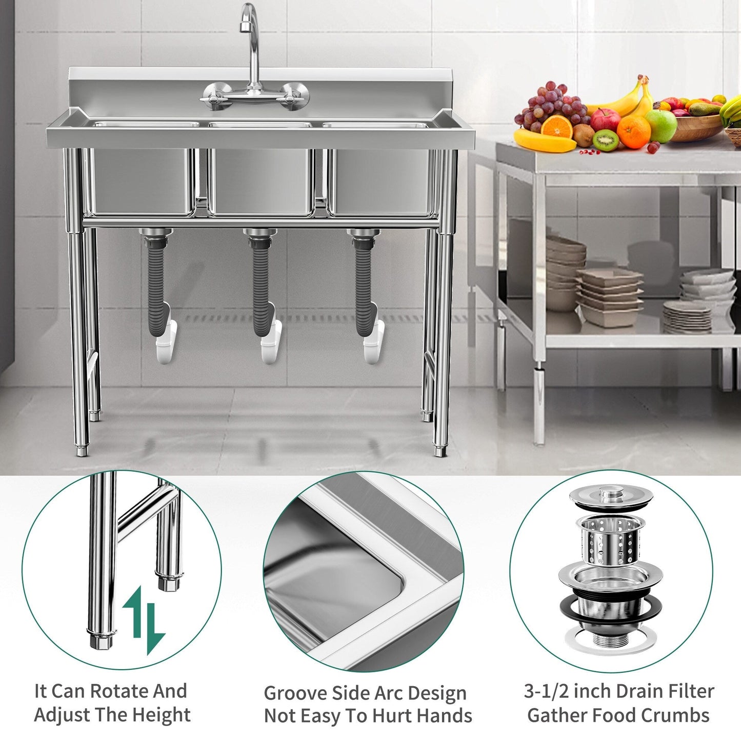 Évier de cuisine en acier inoxydable, cuve à compartiments, modèle commercial à poser.