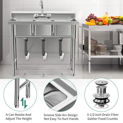 Évier de cuisine en acier inoxydable, cuve à compartiments, modèle commercial à poser.