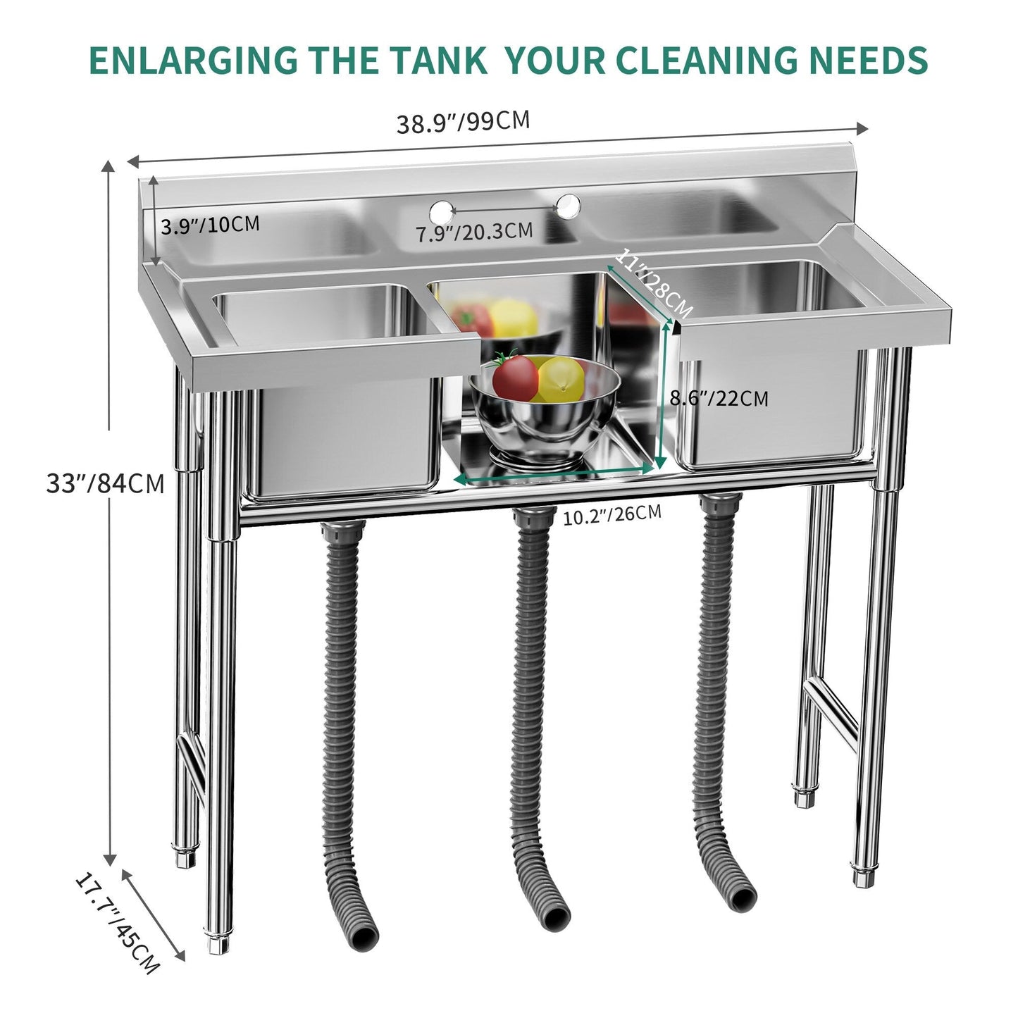 Évier de cuisine en acier inoxydable, cuve à compartiments, modèle commercial à poser.