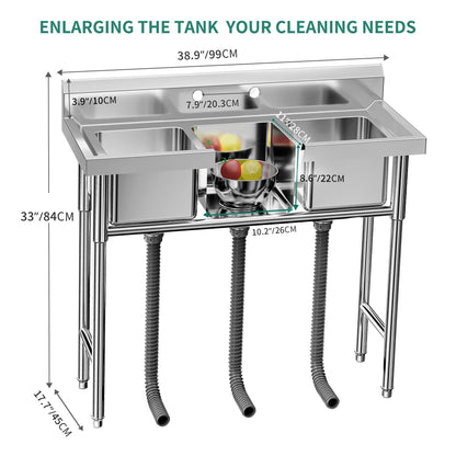 Évier de cuisine en acier inoxydable, cuve à compartiments, modèle commercial à poser.