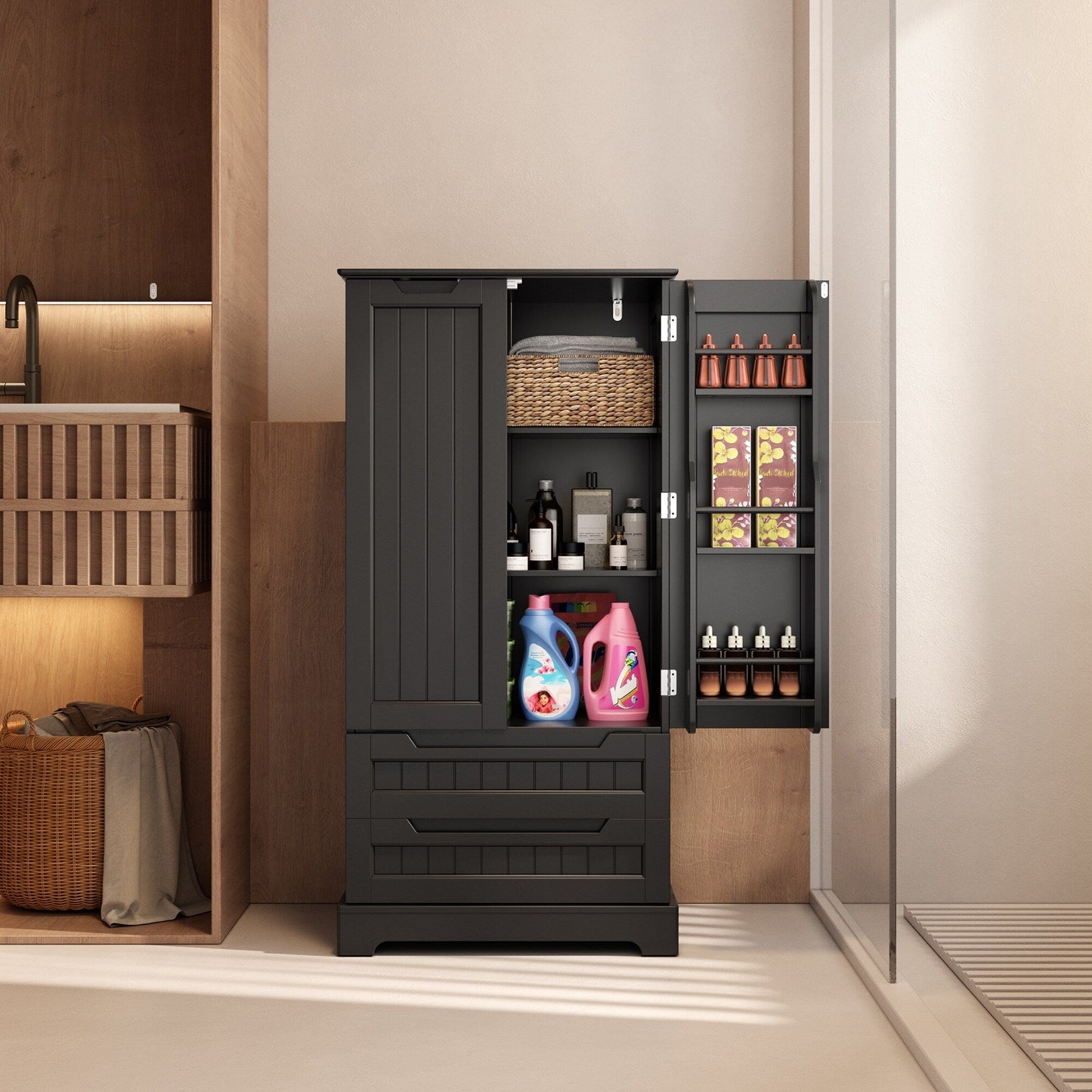 Armoire de rangement pour cuisine, armoire de rangement de salle de bain autoportante avec 2 portes et tiroirs