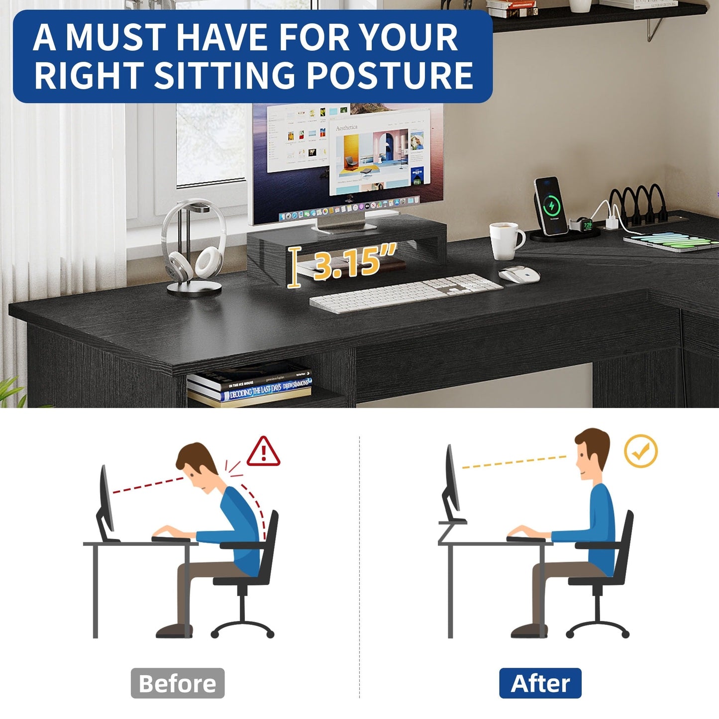 Bureau de jeu en forme de L Moasis, bureau d'ordinateur d'angle de 59 pouces avec support de moniteur