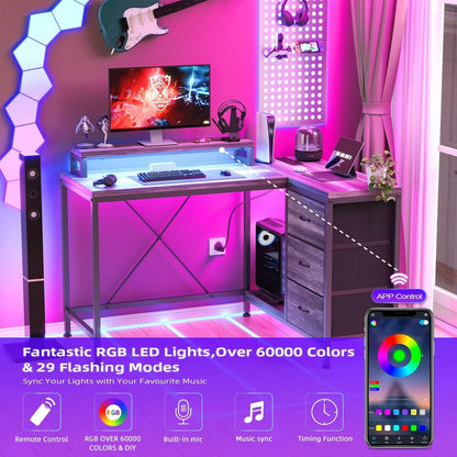 Bureau en forme de L avec prises électriques et lumières LED