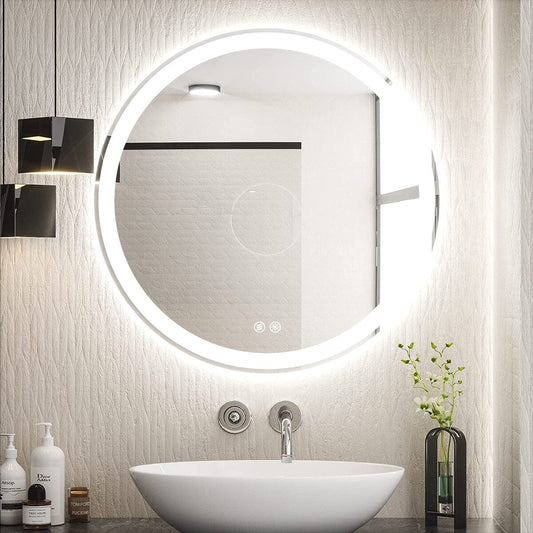 Miroir de coiffure rond sans cadre, à éclairage LED, avec fonction de gradation et anti-buée.