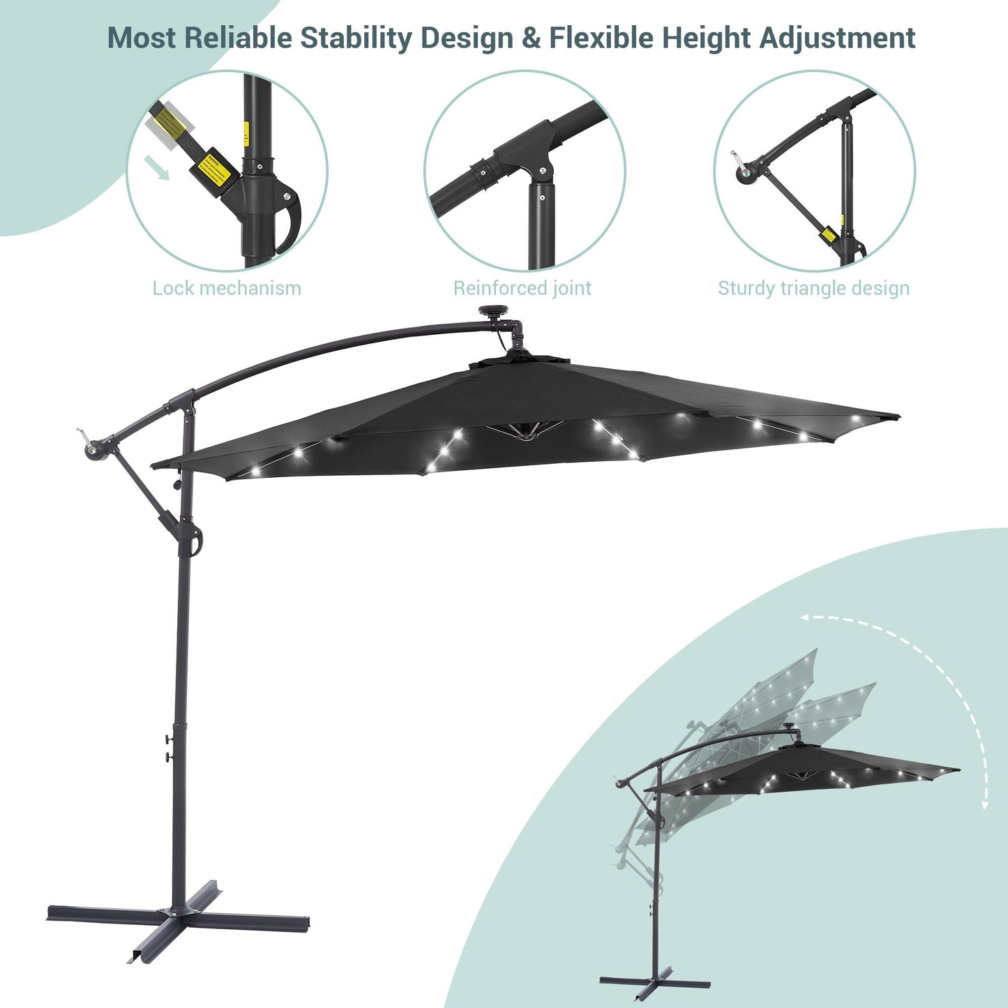Parasol de terrasse déporté LED LIVOOSUN 10 pieds avec pied en croix