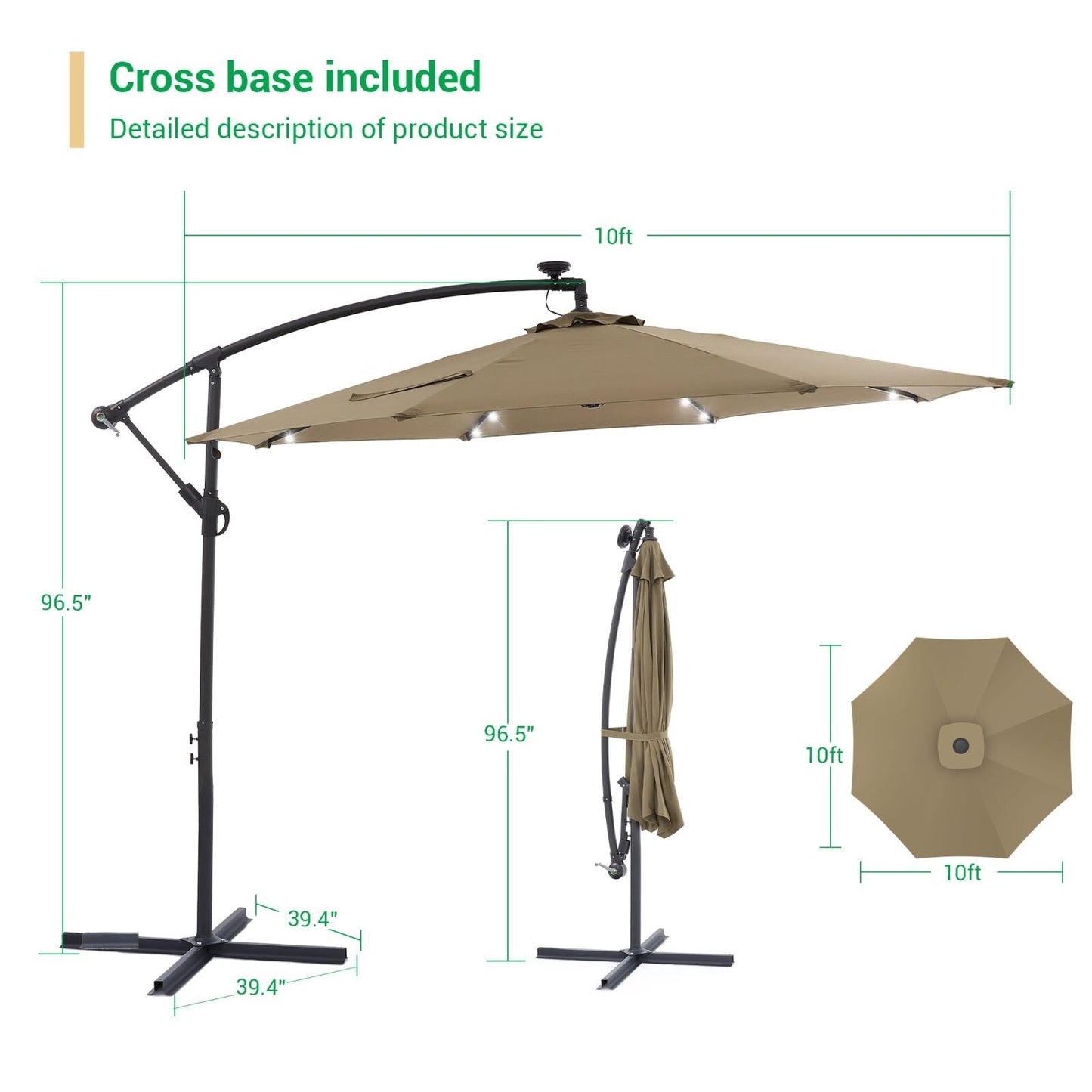 Parasol de terrasse déporté LED LIVOOSUN 10 pieds avec pied en croix