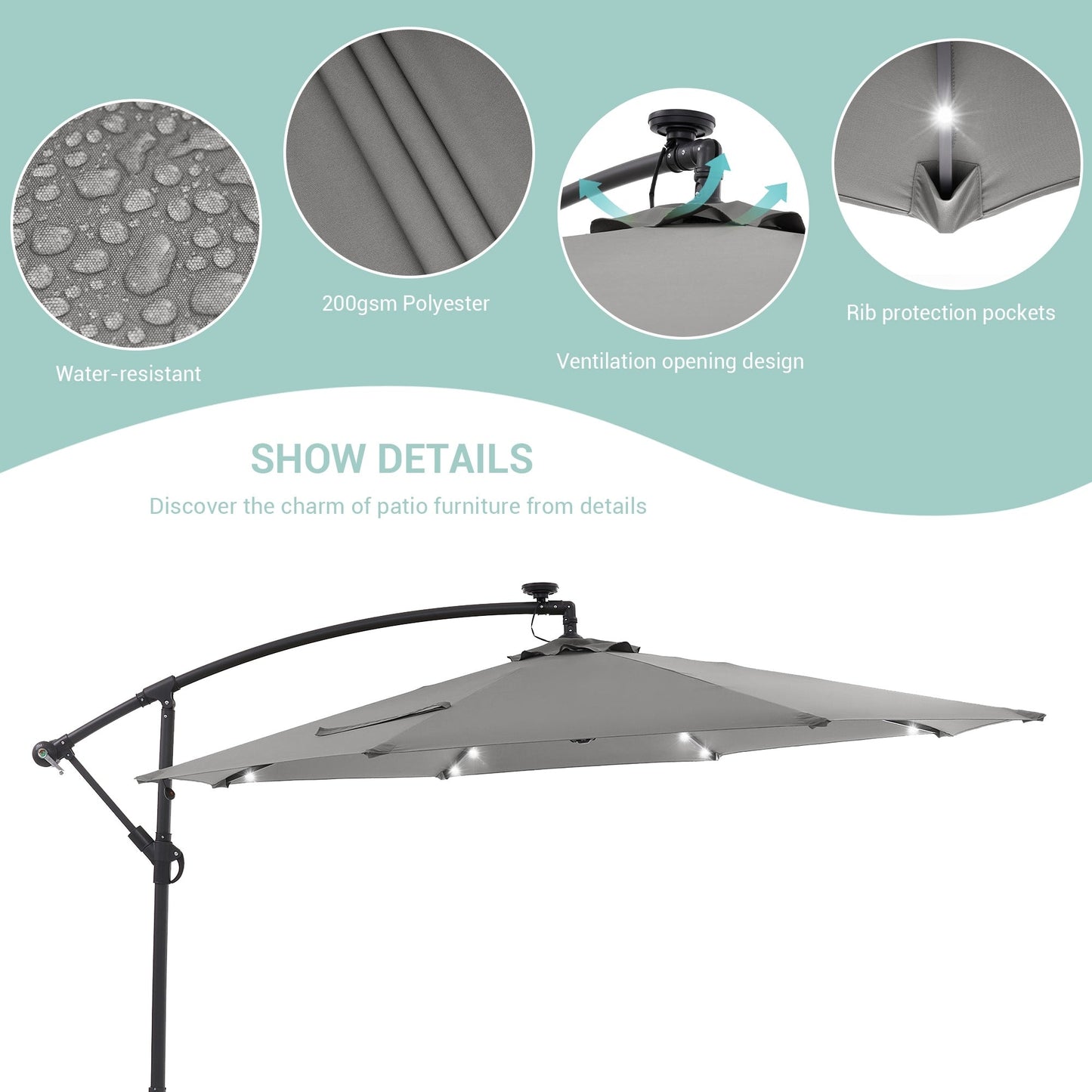 Parasol de terrasse déporté LED LIVOOSUN 10 pieds avec pied en croix