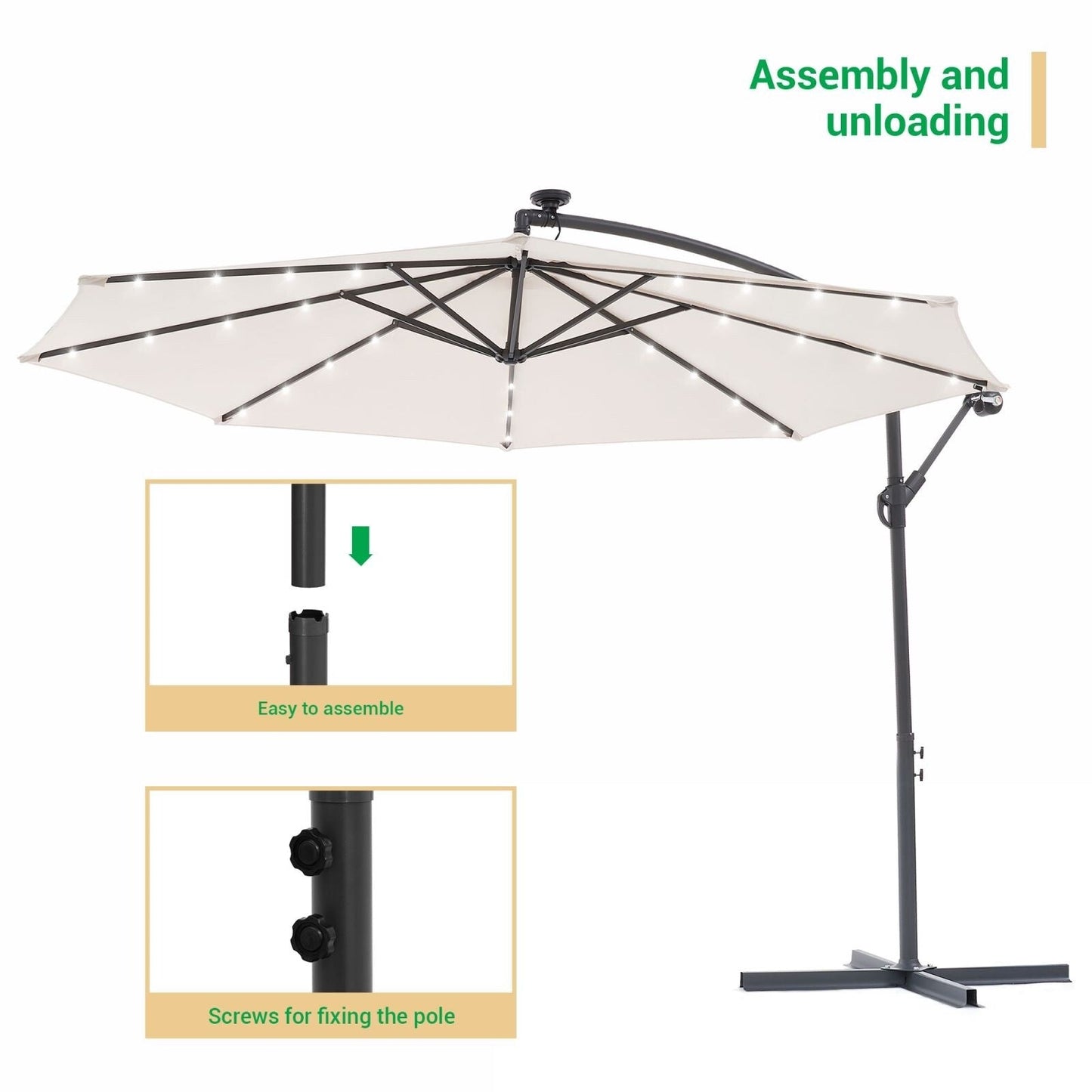Parasol de terrasse déporté LED LIVOOSUN 10 pieds avec pied en croix