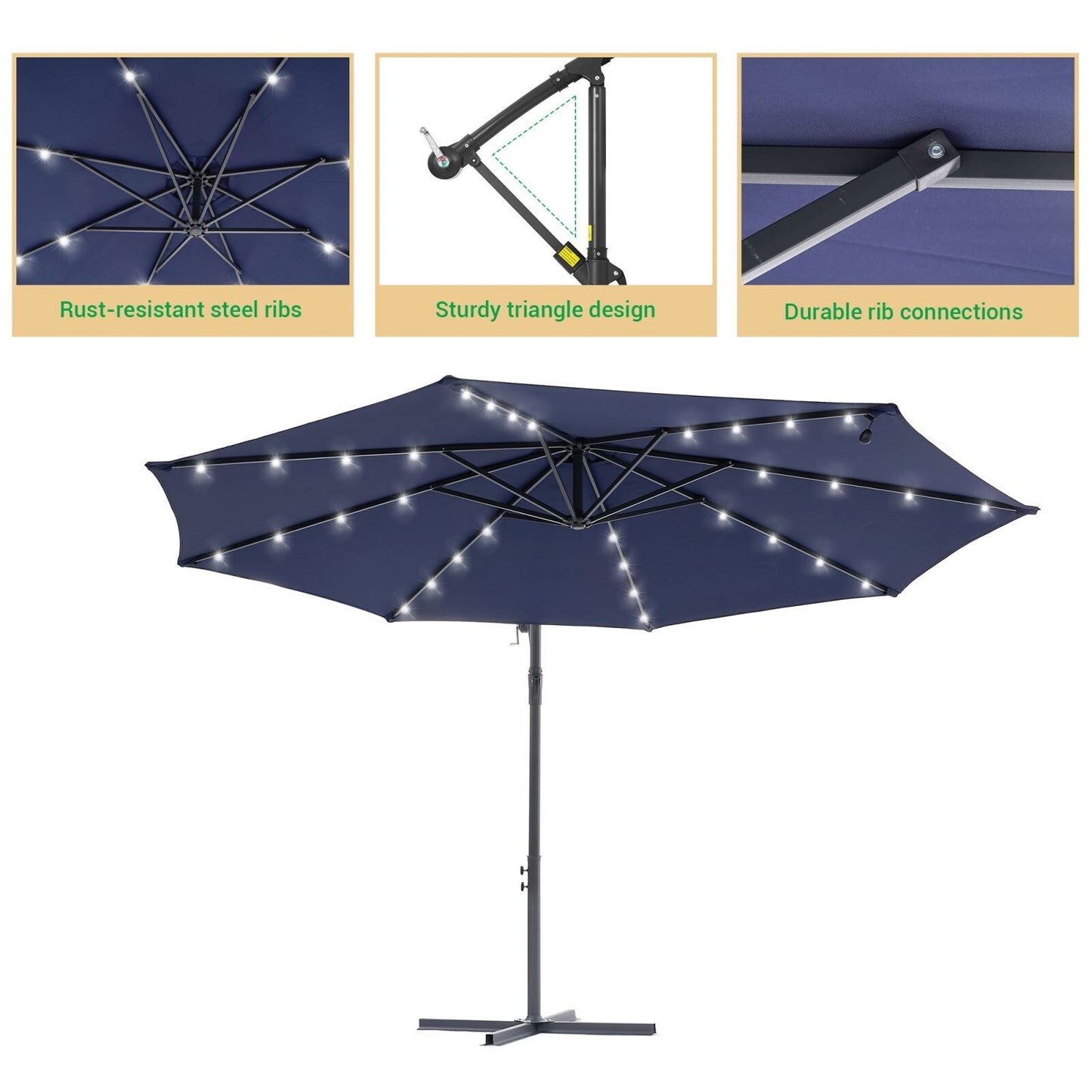 Parasol de terrasse déporté LED LIVOOSUN 10 pieds avec pied en croix