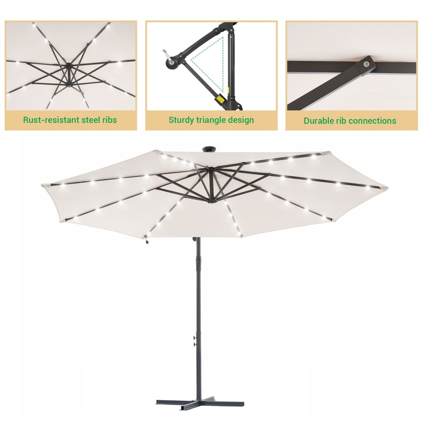 Parasol de terrasse déporté LED LIVOOSUN 10 pieds avec pied en croix
