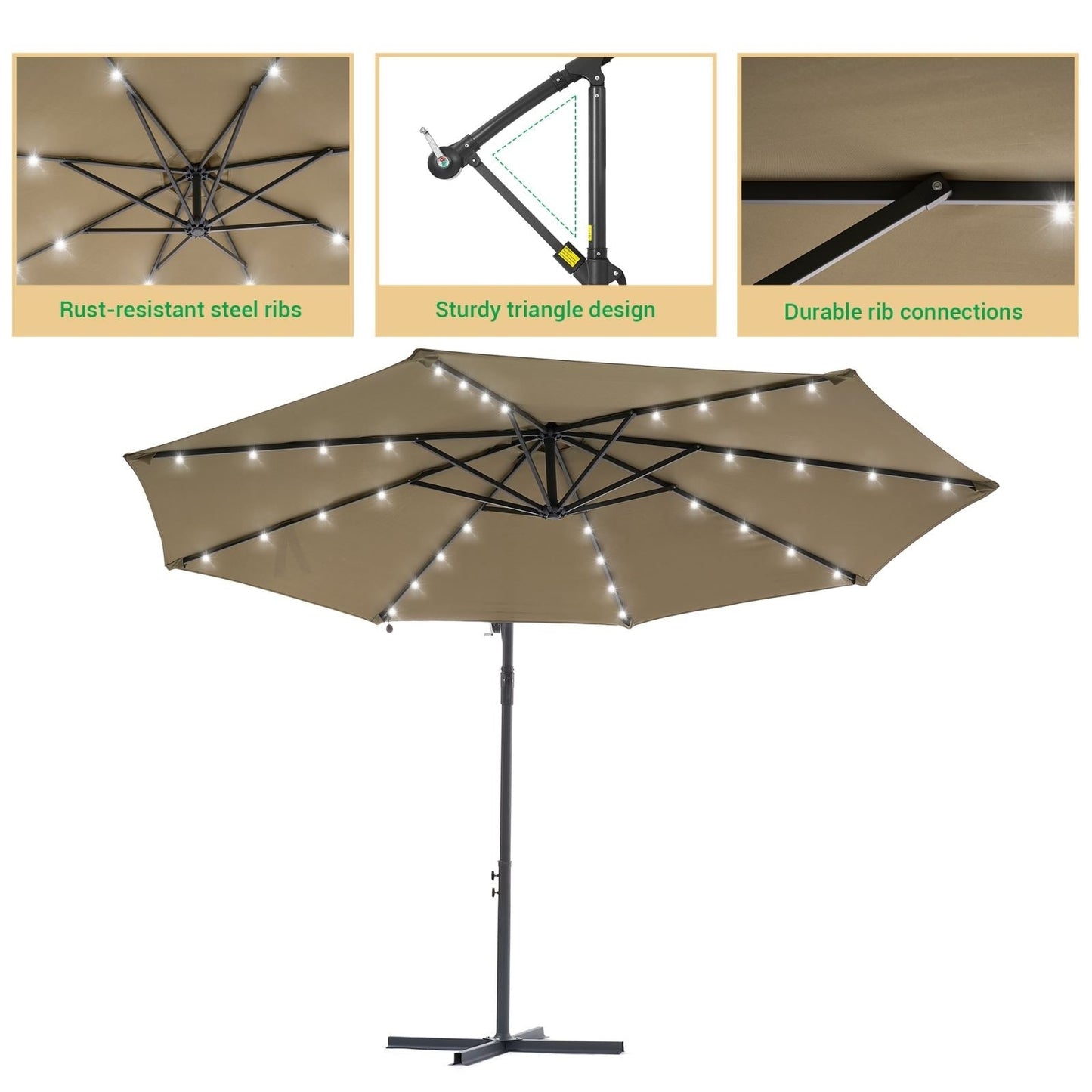 Parasol de terrasse déporté LED LIVOOSUN 10 pieds avec pied en croix