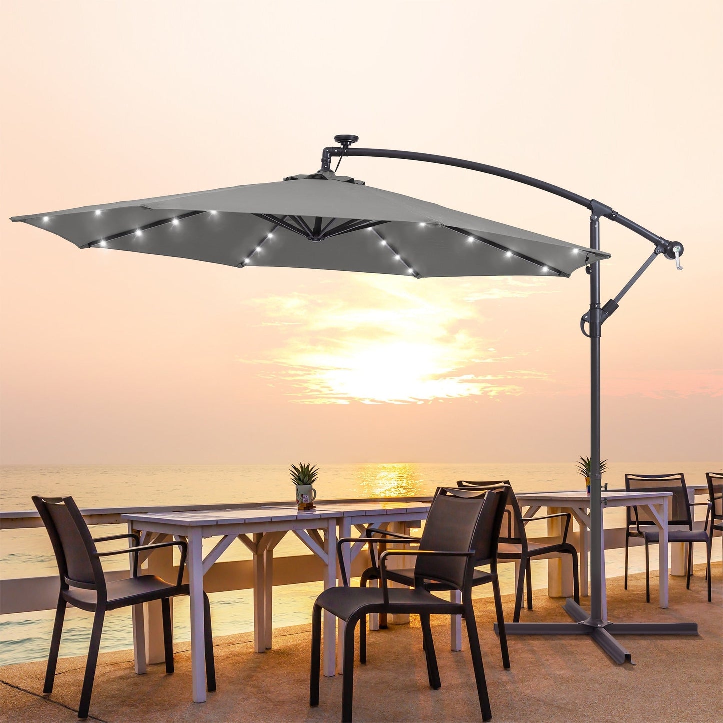 Parasol de terrasse déporté LED LIVOOSUN 10 pieds avec pied en croix