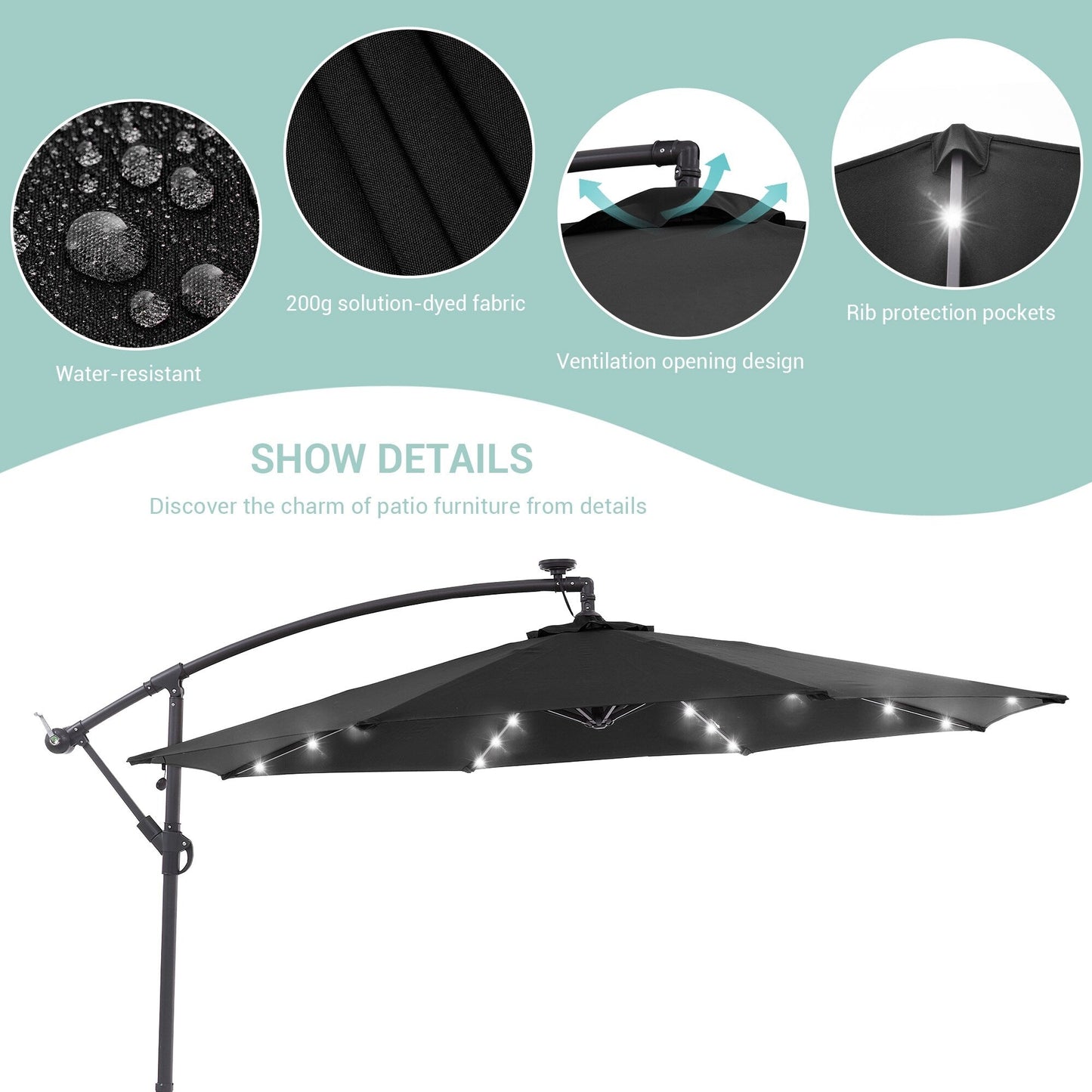 Parasol de terrasse déporté LED LIVOOSUN 10 pieds avec pied en croix