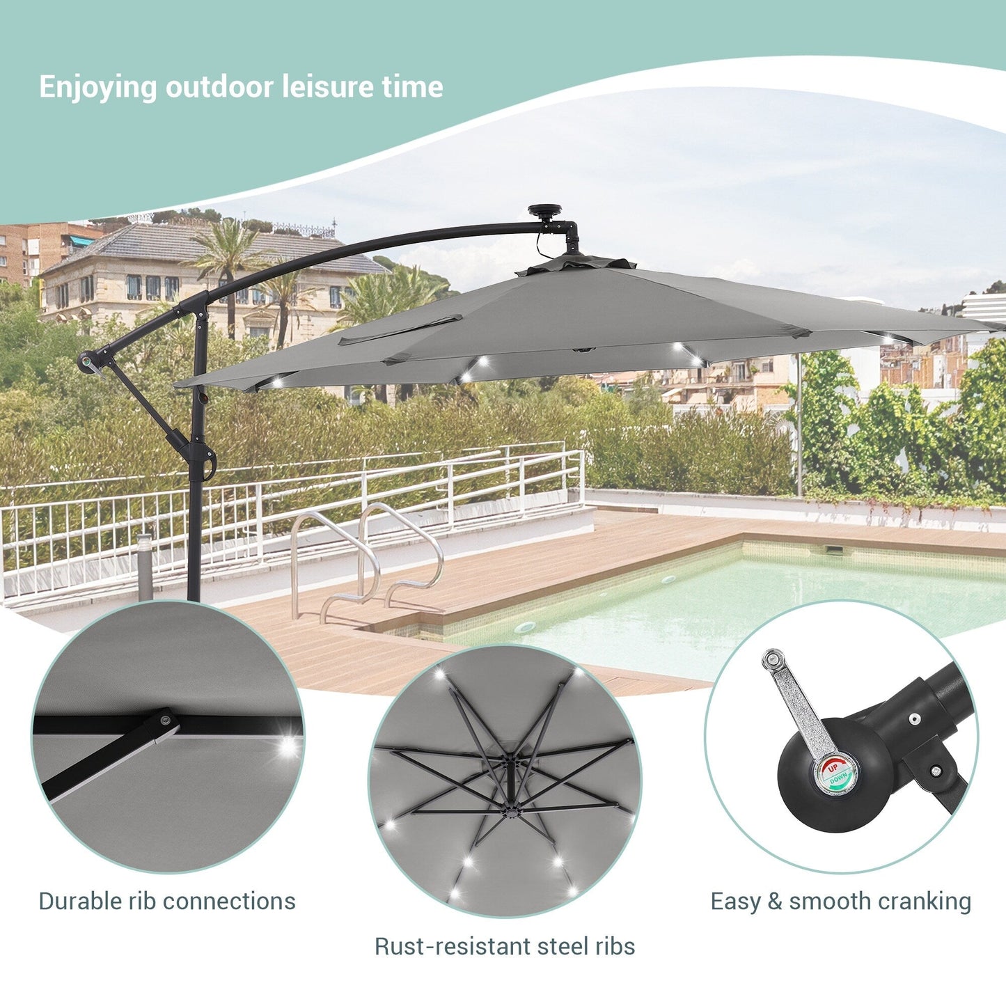 Parasol de terrasse déporté LED LIVOOSUN 10 pieds avec pied en croix
