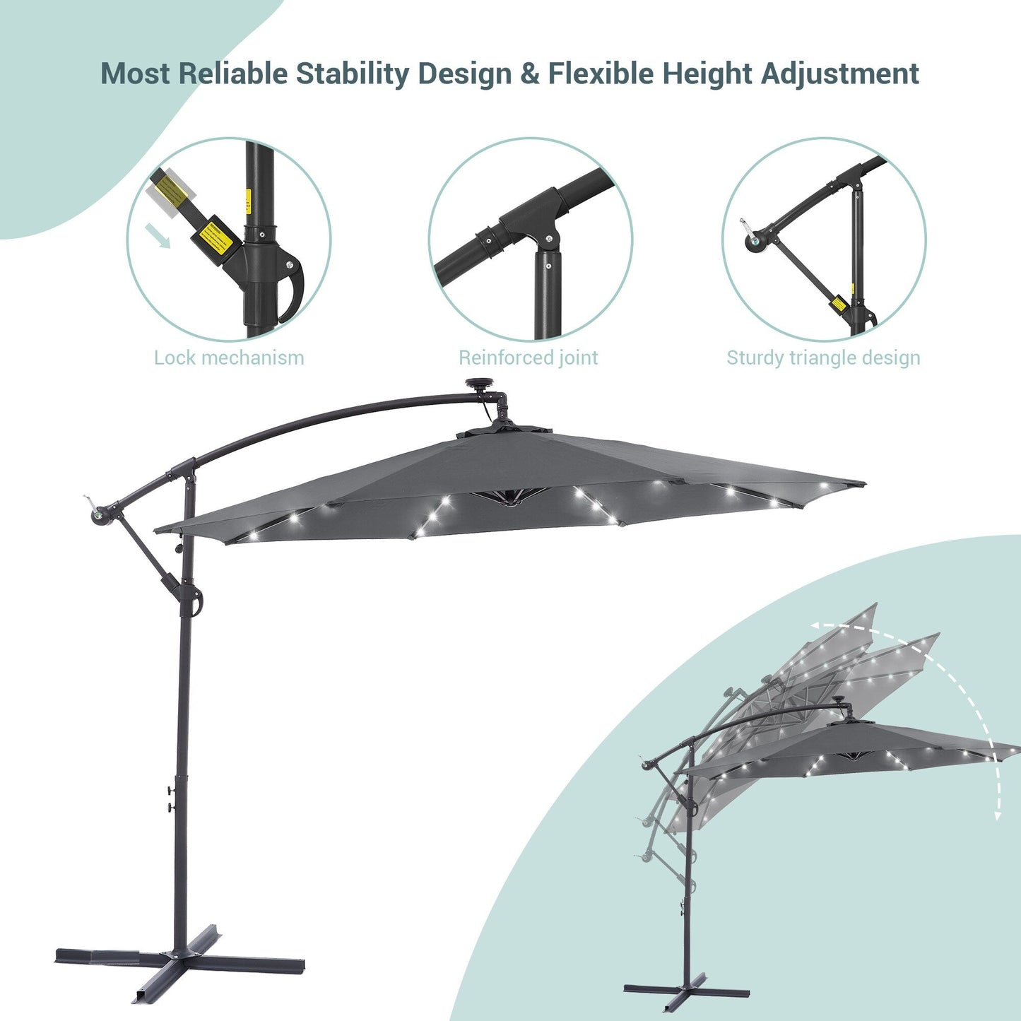 Parasol de terrasse déporté LED LIVOOSUN 10 pieds avec pied en croix