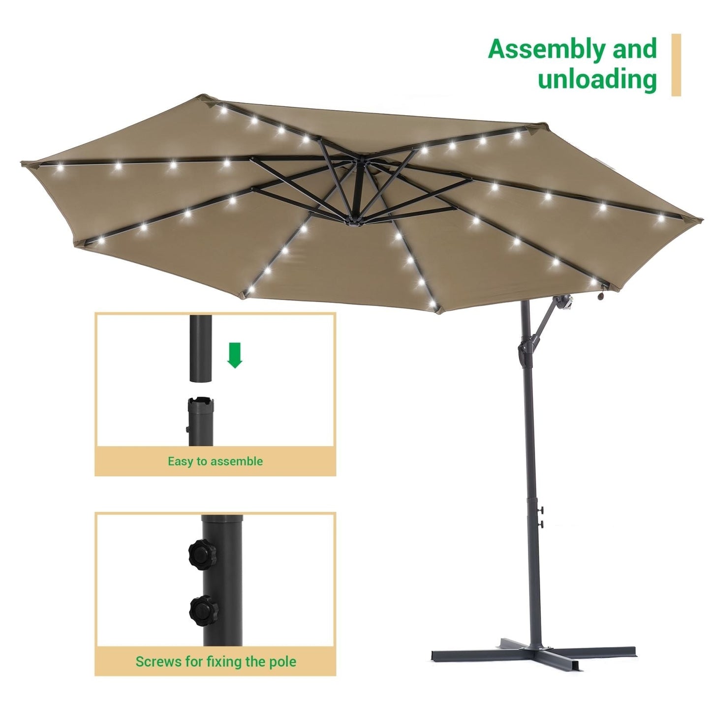 Parasol de terrasse déporté LED LIVOOSUN 10 pieds avec pied en croix