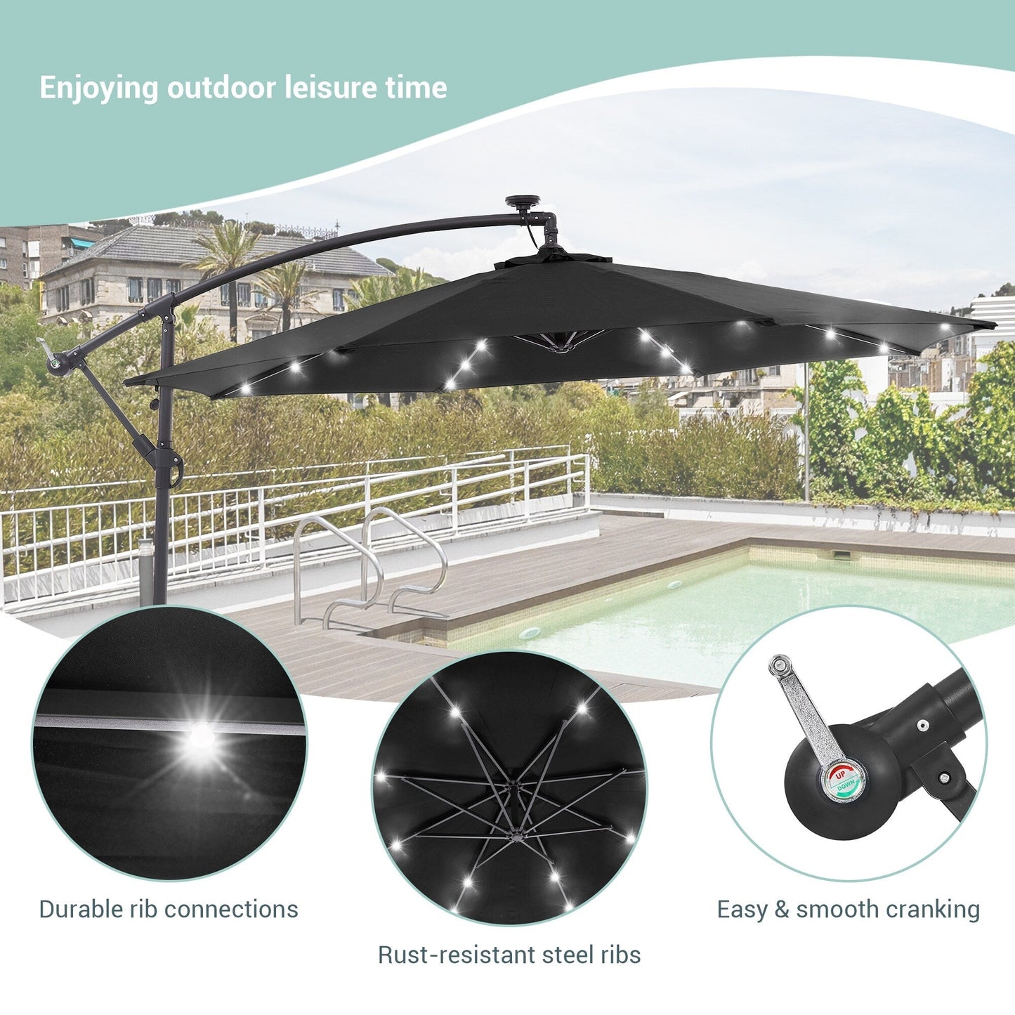 Parasol de terrasse déporté LED LIVOOSUN 10 pieds avec pied en croix