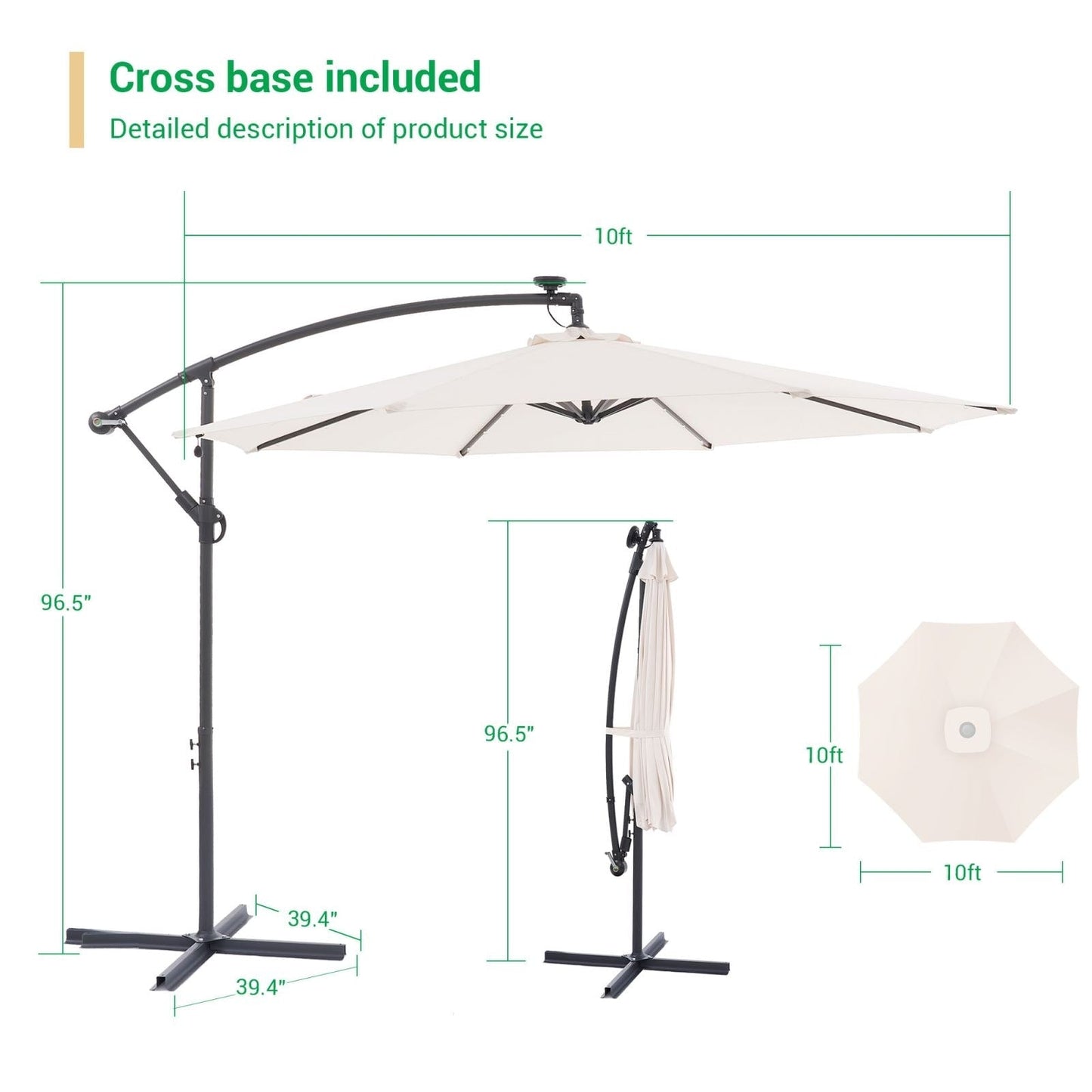 Parasol de terrasse déporté LED LIVOOSUN 10 pieds avec pied en croix