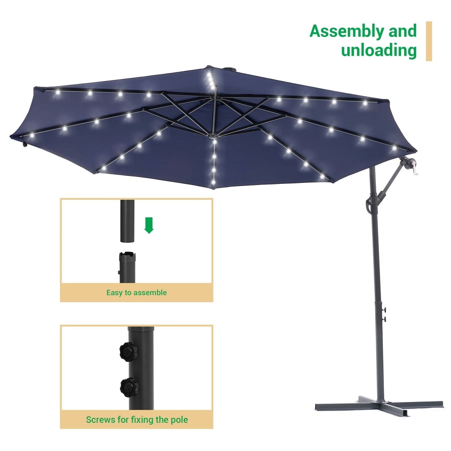 Parasol de terrasse déporté LED LIVOOSUN 10 pieds avec pied en croix