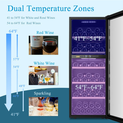Lanbo Cave à vin 20 pouces, 64 bouteilles, double zone, autoportante, porte vitrée avec cadre en acier inoxydable et deux serrures de sécurité.