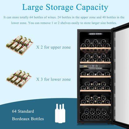 Lanbo Cave à vin 20 pouces, 64 bouteilles, double zone, autoportante, porte vitrée avec cadre en acier inoxydable et deux serrures de sécurité.