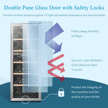 Lanbo Cave à vin 20 pouces, 64 bouteilles, double zone, autoportante, porte vitrée avec cadre en acier inoxydable et deux serrures de sécurité.