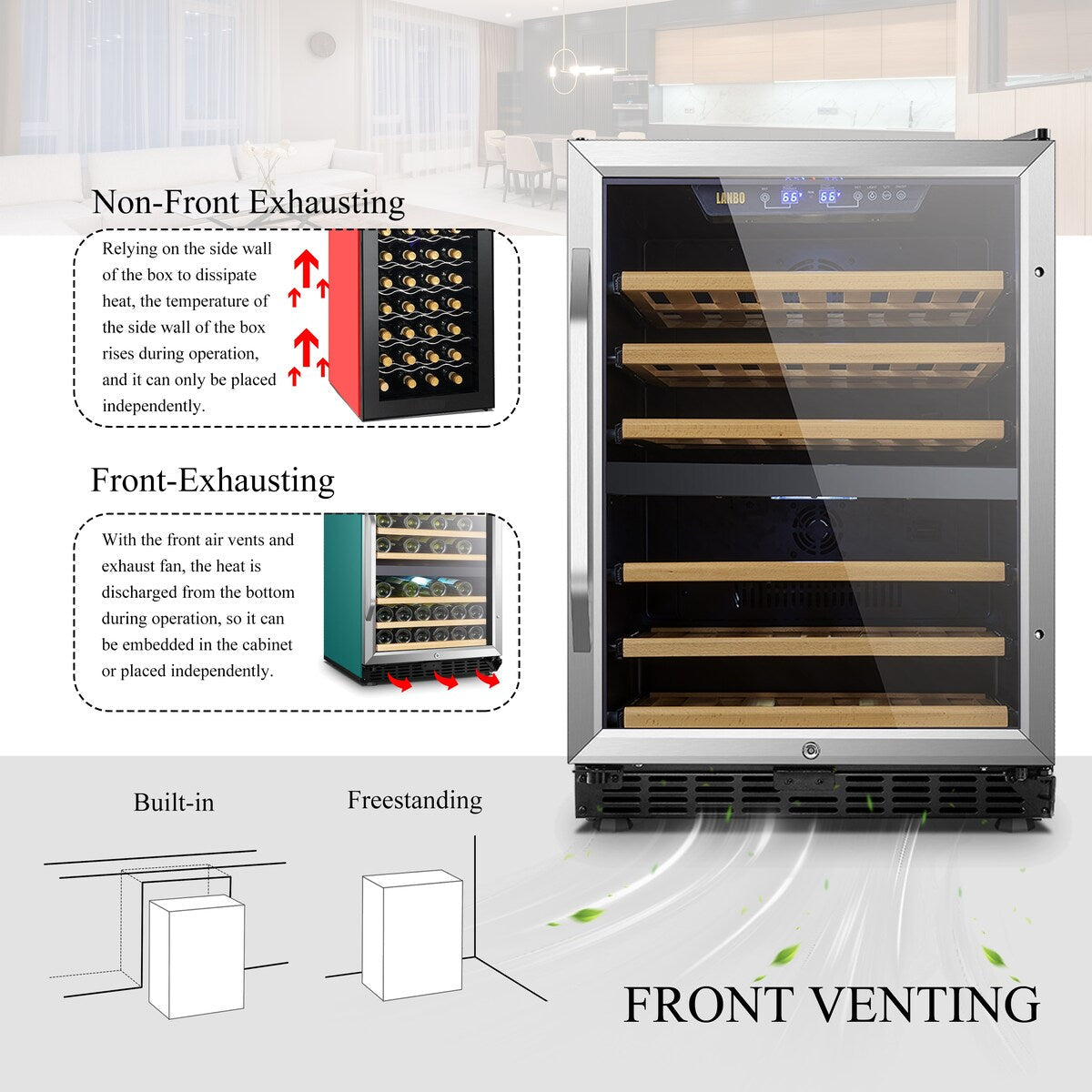 Lanbo Cave à vin intégrée à double zone de température avec compresseur, 24 pouces, 44 bouteilles