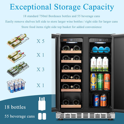 Lanbo Réfrigérateur à vin et à boissons de 24 pouces à double zone, 18 bouteilles et 55 canettes, en acier inoxydable et verre avec porte à la française