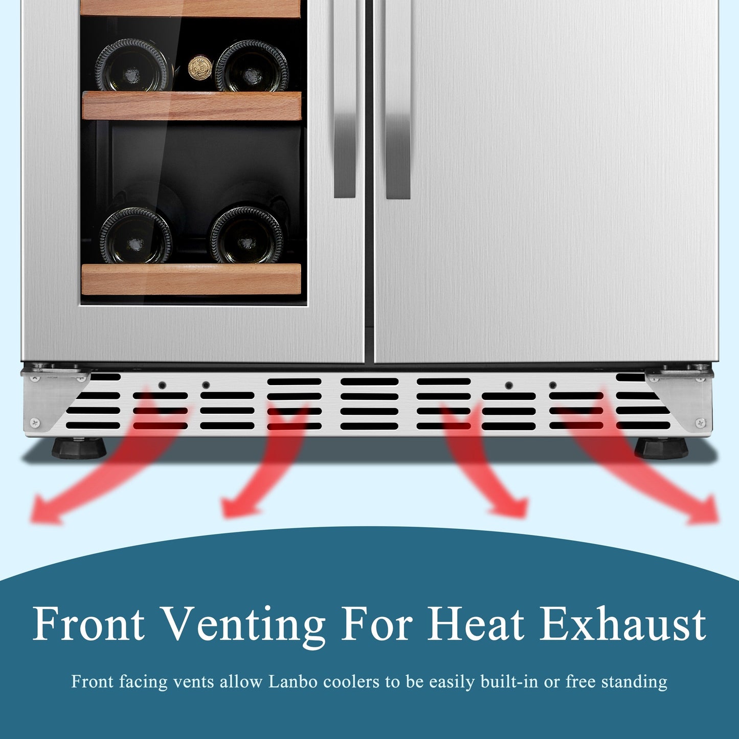 Lanbo Réfrigérateur à vin et à boissons de 24 pouces à double zone, 18 bouteilles et 55 canettes, en acier inoxydable et verre avec porte à la française