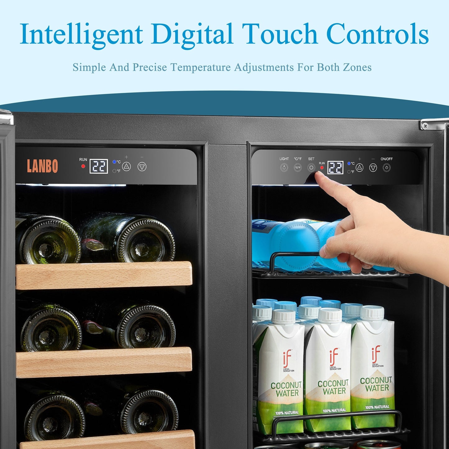 Lanbo Réfrigérateur à vin et à boissons de 24 pouces à double zone, 18 bouteilles et 55 canettes, en acier inoxydable et verre avec porte à la française