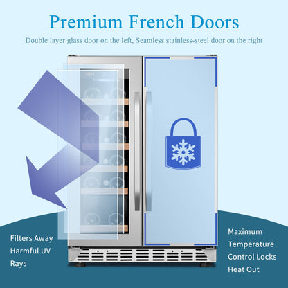 Lanbo Réfrigérateur à vin et à boissons de 24 pouces à double zone, 18 bouteilles et 55 canettes, en acier inoxydable et verre avec porte à la française